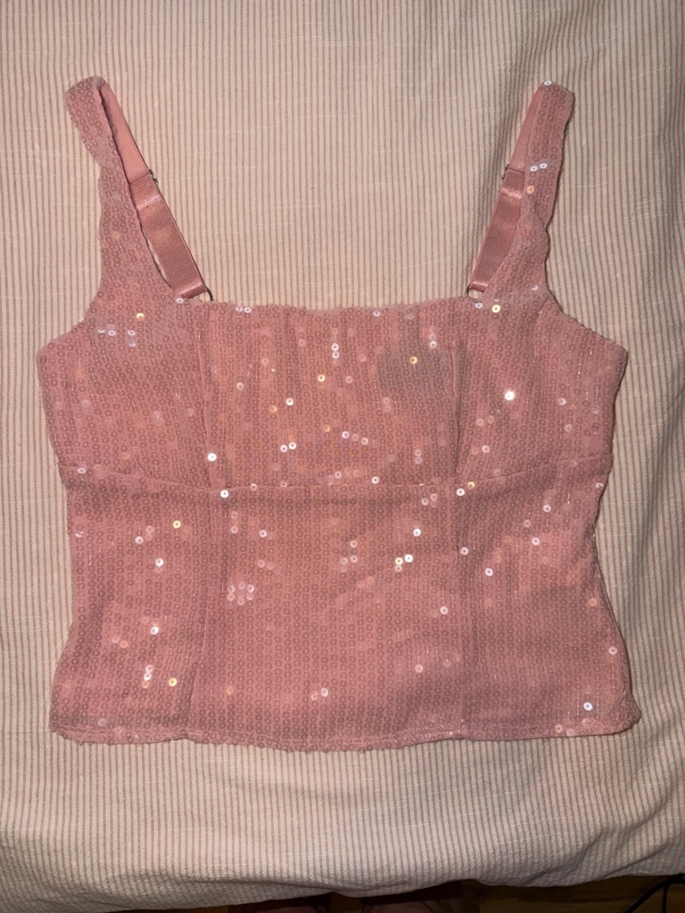 White Fox Sequin Crop Tank Top in Blush Pink